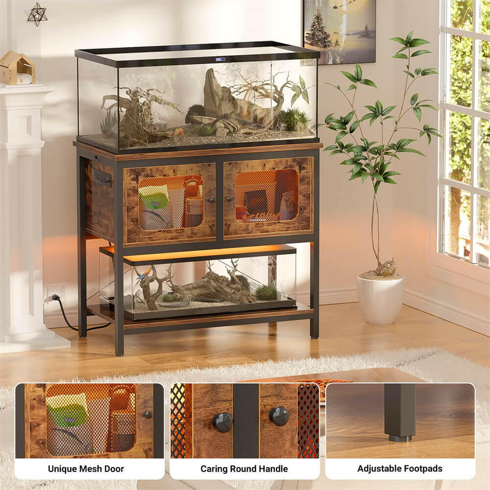 Unikito 40 Gallon Fish Tank Stand with LED Light and Outlet, Metal Aquarium Stand with Cabinet and Accessories Storage, Reptile Tank Turtle Terrariums Table Stand Hold 880LBS and 2 Aquariums