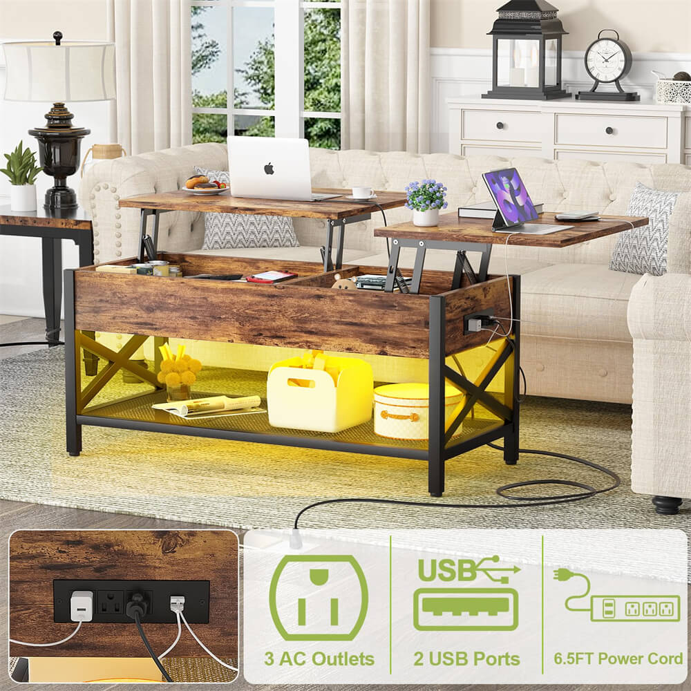 Lift Top Coffee Center Table with LED Light and Power Outlet