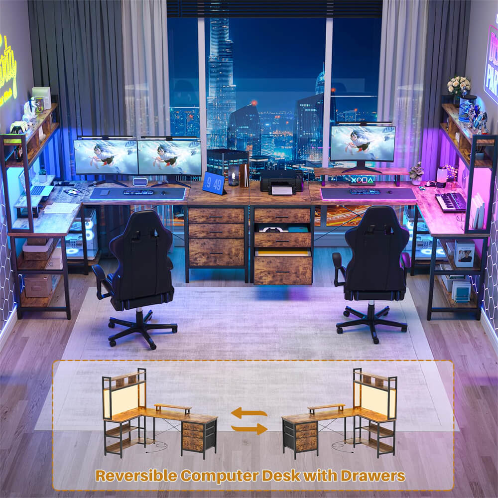 Unikito L Shaped Desk with Hutch, Gaming Desk with Led Lights, Reversible Computer Desk with Power Outlet, Corner Desk with File Drawer & Monitor Stand, Storage Shelves for Home