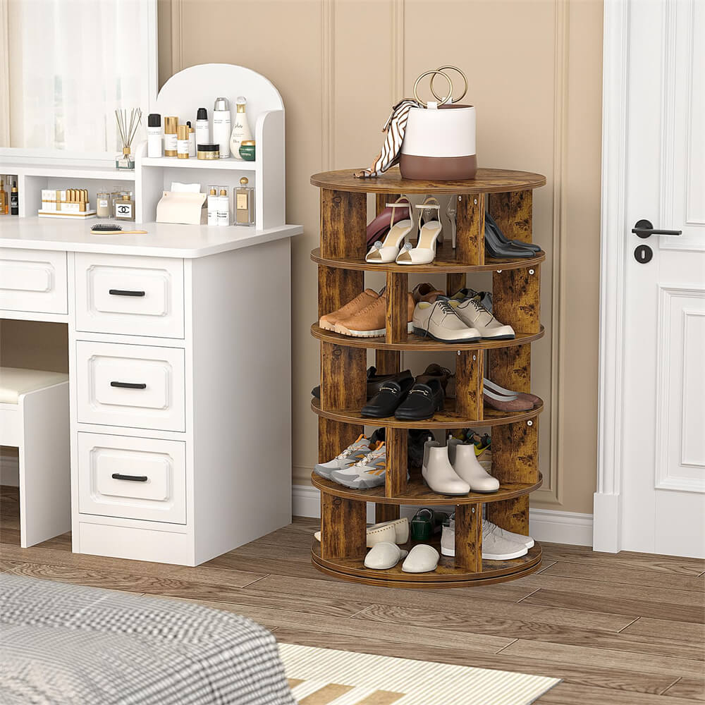 5-Tier Rotating Shoe Rack, Wooden Shoe Organizer Tower, 360 Spinning, for Entryway, Garage, Bedroom