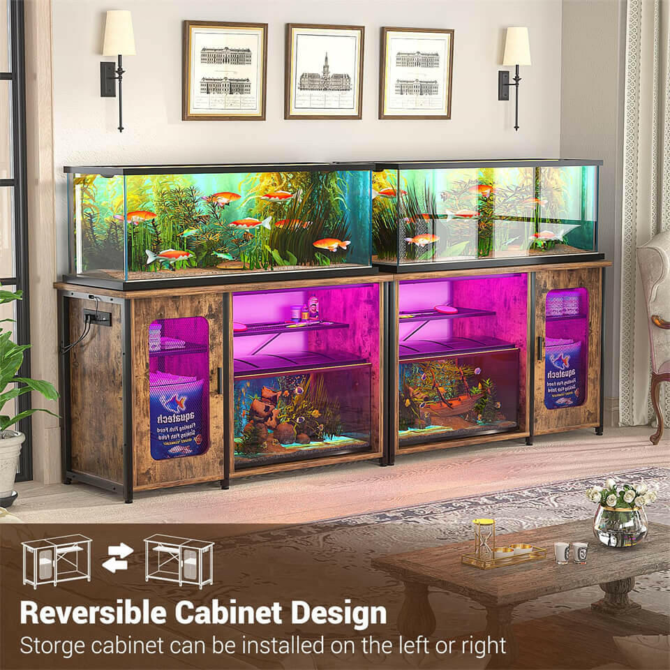 Unikito 55-75 Gallon Aquarium Stand with Power Outlets & LED Light, Reversible Fish Tank Stand with Cabinet for Fish Tank Accessories Storage, Heavy Duty Metal Frame, 880LBS Capacity