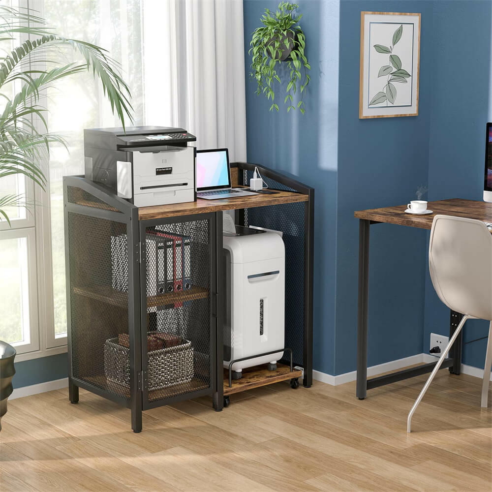 Unikito 3-Tier Lateral Office Filing Cabinets with Socket and USB Charging Port, Modern Printer Stand and Paper Shredder Stand Rack with Wheels, and Open Storage Shelves for Home Office