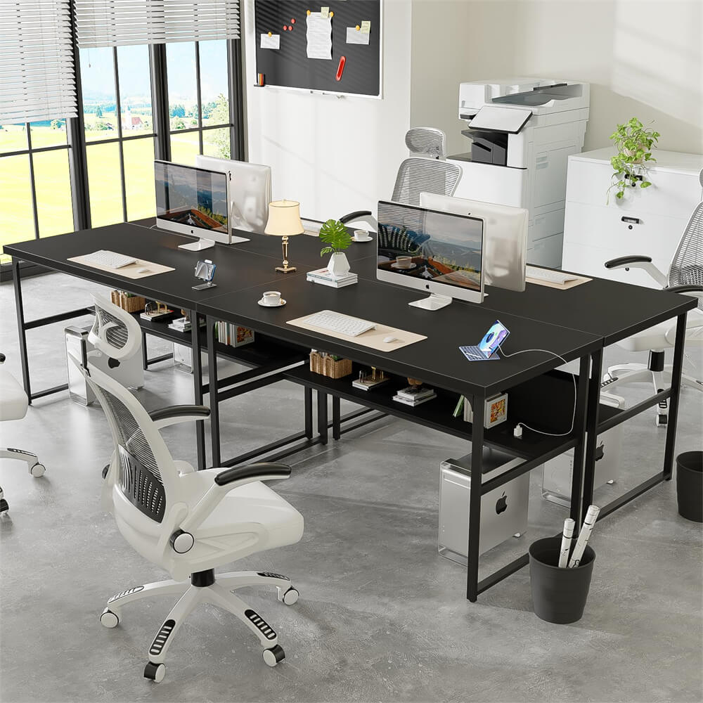 Unikito Computer Desk with Power Outlets, Executive Desk with Extra Thick Tabletop, Computer Office Desk Workstation with Bookshelf, Modern Simple Study Writing Table for Home Office