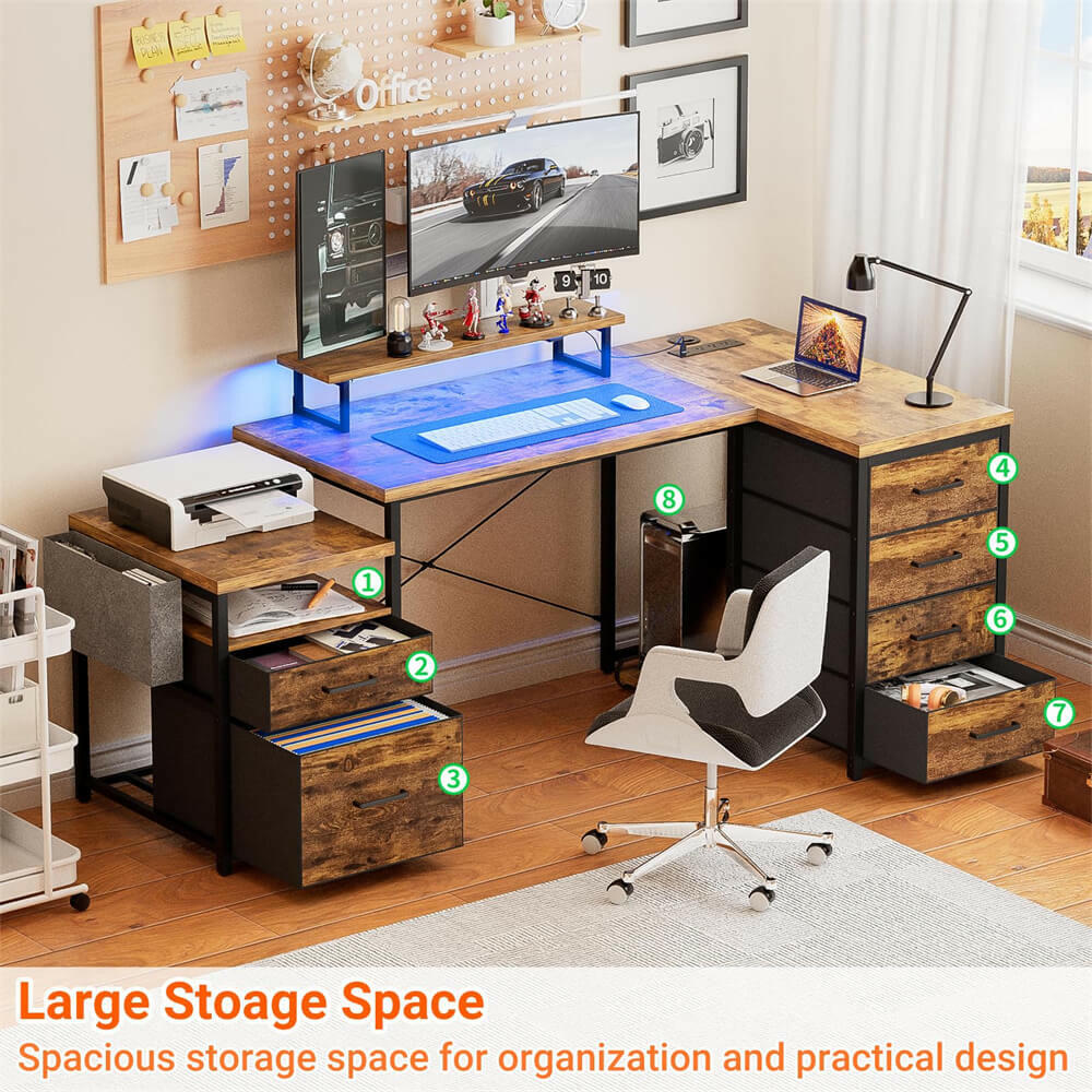 Unikito 70.8" Reversible L Shaped Computer Desk with Fabric File Drawers, Corner Desk with RGB LED Lights & Power Outlets & Monitor Stand, Large Gaming Desk for Home Office Workstation