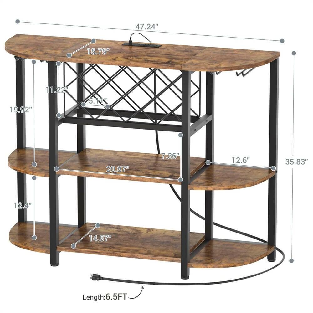 Unikito 4-Tier Metal Coffee Bar Cabinet with Outlet and LED Light, Freestanding Floor Table for Liquor Glass Holder Wine Rack Storage, Bakers Kitchen Dining Room