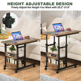 2-Tier Height Adjustable C Shaped End Table with Charging Station, with USB Ports and Wheels