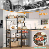 Unikito Bakers Rack with Power Outlet and LED Light Strings, Microwave Oven Stand Kitchen Storage Shelf with Wire Basket, Coffee Bar Station Island Table with 10 Hooks for Spices, Pots