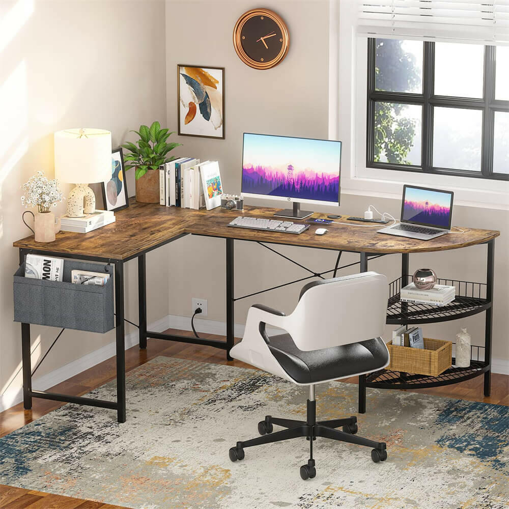 Unikito L Shaped Desk with Power Outlet, 98.4" Reversible Corner Computer Table with Storage Shelves and Bag, Modern 2 Person Large Long Desk for Home Office Writing Study Workstation