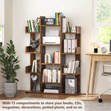 Tall Wooden Bookshelf, Tree-Shaped Bookcase Storage Shelf with 13 Compartments