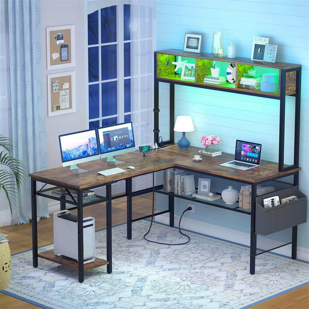 Unikito L Shaped Computer Desk with LED Strip and Power Outlets, Reversible L-Shaped Corner Desk with Storage Shelves and Bag, Industrial Home Office Desk Gaming Table with USB Port