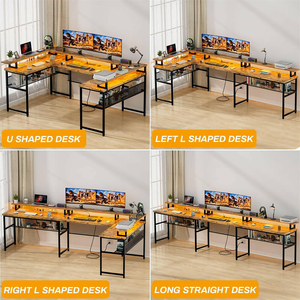 Unikito U Shaped Computer Desks, Reversible Office Desk with LED Strip and Power Outlets, L Shaped Table with Full Monitor Stand and Storage Shelves, 83 Inch Large U- Shape Gaming Desk