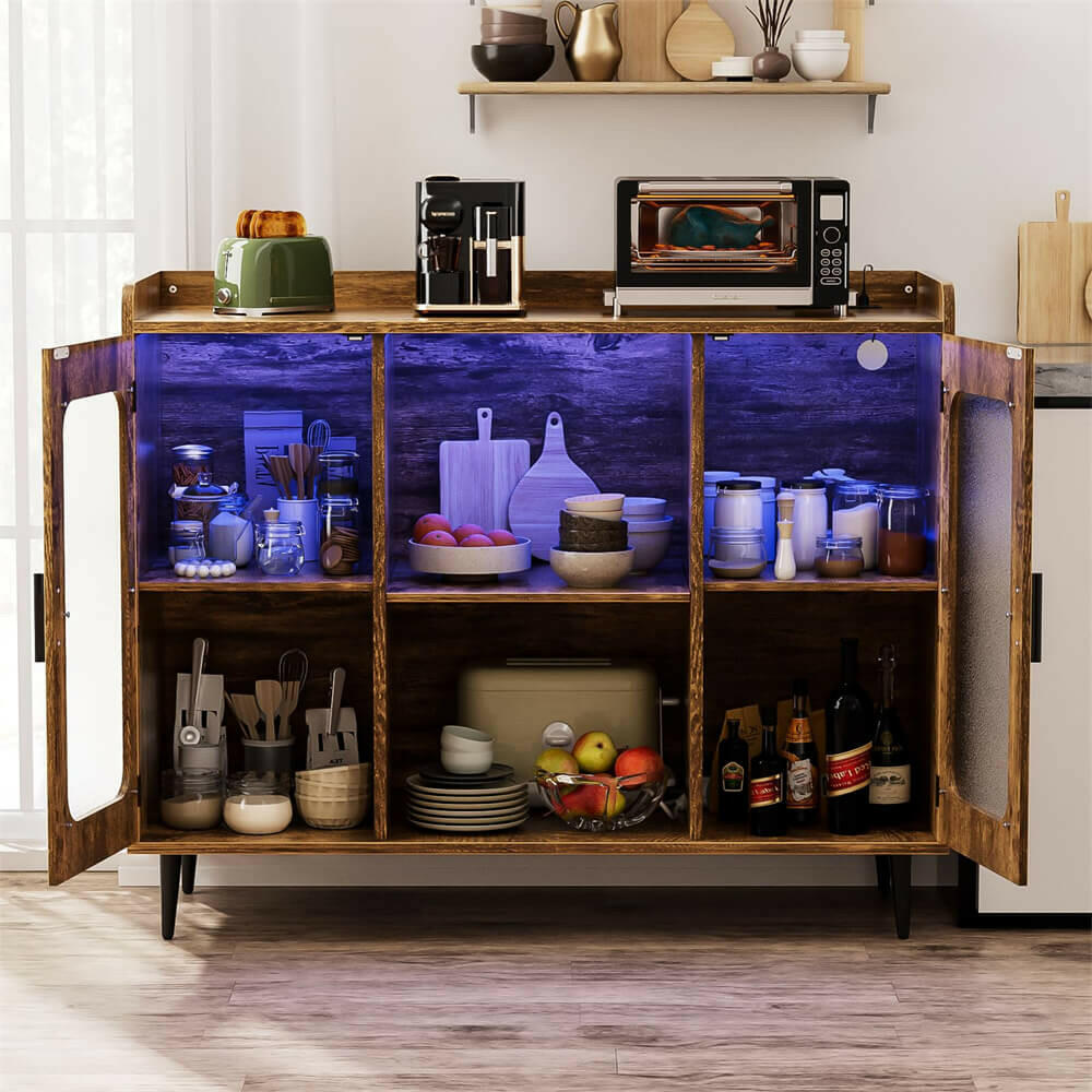 Unikito Liquor Cabinet Bar with Power Outlet and LED Light, Wine Bar Cabinet with Wine and Glasses Rack, Home Coffee Bar Cabinet, Buffet Sideboard with Storage Shelf for Kitchen, Dining Room