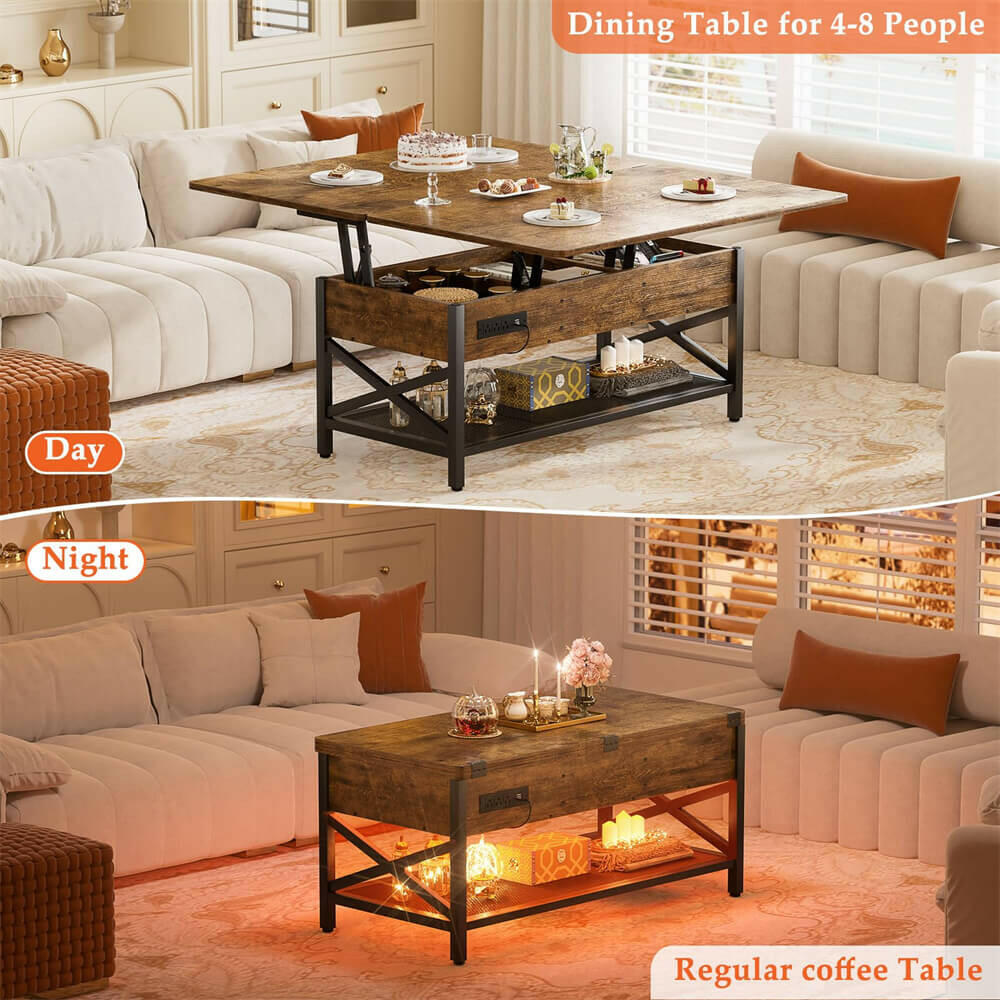 Unikito Coffee Table Lift Top Multi-Function Coffee Table Converts to Dining Table, with LED Light and Power Outlet, Center Table with Shelves for Living Room Reception Home Office