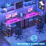 53 Inch L Shaped Computer Gaming Desk with Power Outlets & LED Lights, Corner Desk with 3 Fabric Drawers and Shelves, Reversible