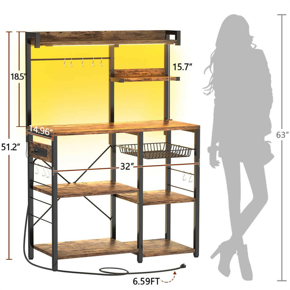 Unikito Bakers Rack with Power Outlet and LED Light Strings, Microwave Oven Stand Kitchen Storage Shelf with Wire Basket, Coffee Bar Station Island Table with 10 Hooks for Spices, Pots