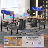 Unikito L Shaped Computer Desk with LED Strip and Power Outlets, Reversible L-Shaped Corner Desk with Storage Shelves and Bag, Industrial Home Office Desk Gaming Table with USB Port