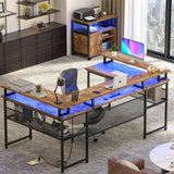 Unikito U Shaped Computer Desks, Reversible Office Desk with LED Strip and Power Outlets, L Shaped Table with Full Monitor Stand and Storage Shelves, 83 Inch Large U- Shape Gaming Desk