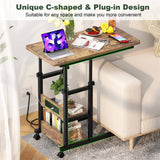 2-Tier Height Adjustable C Shaped End Table with Charging Station, with USB Ports and Wheels