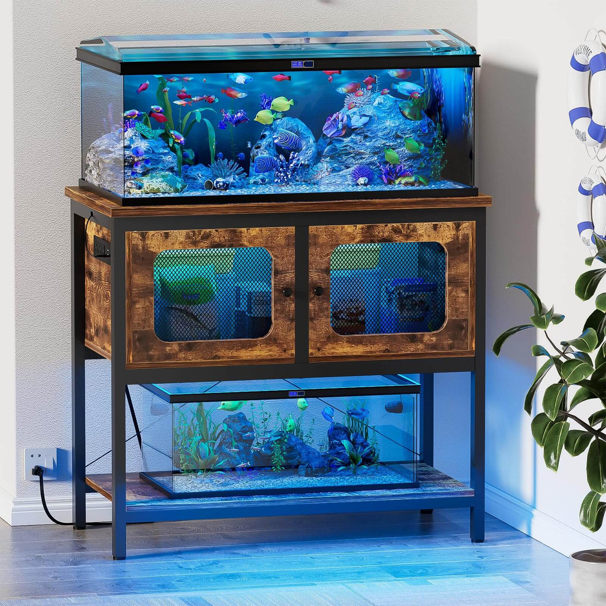 40 Gallon Fish Tank Stand with Power Outlets and RGB LED Lights