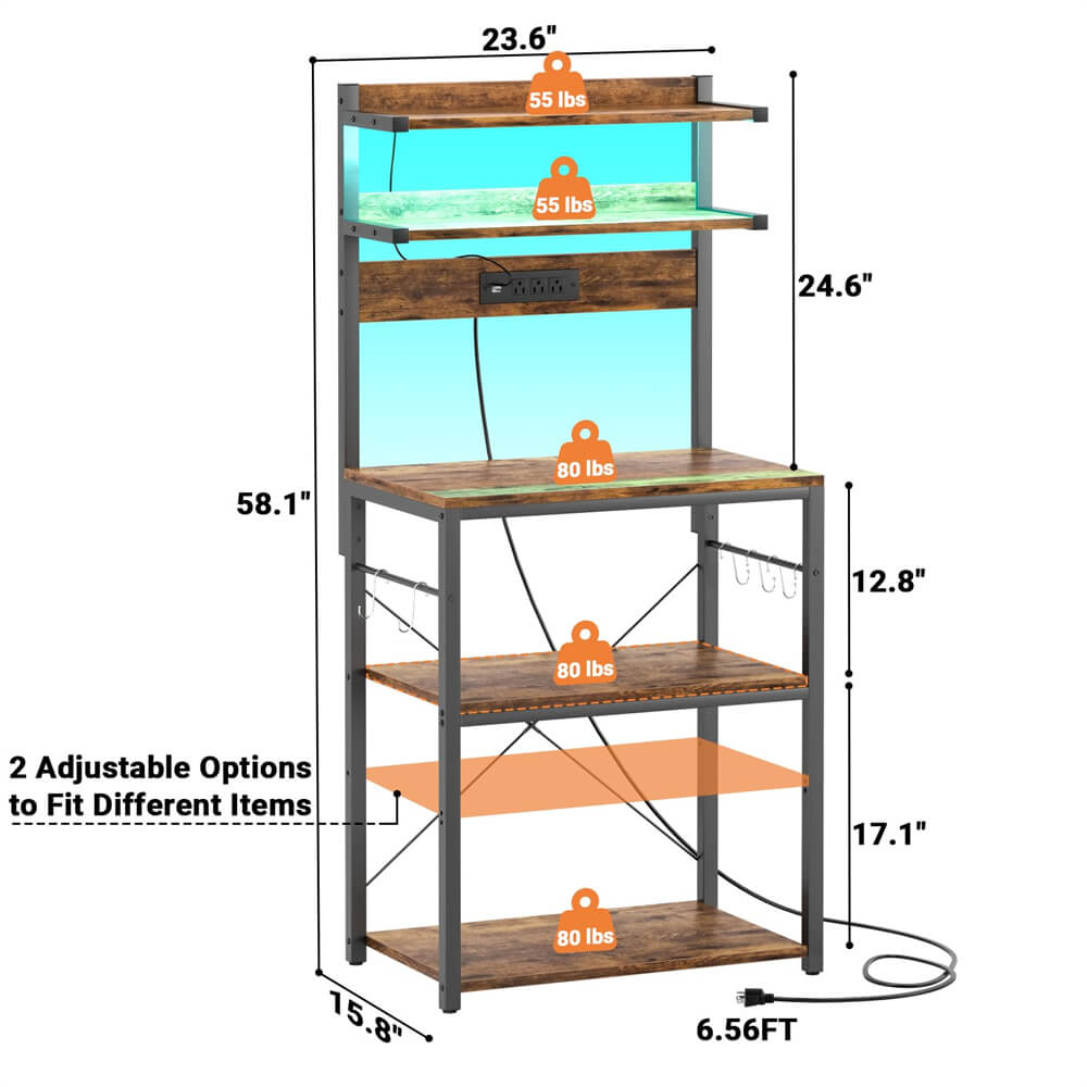 5-Tier Bakers Rack with Power Outlets, LED Lights, and Metal Hooks