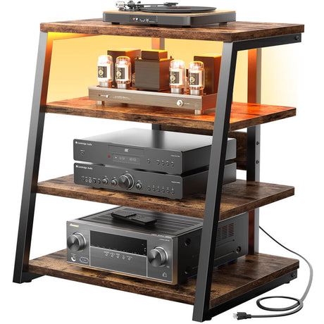 Unikito 4-Tier AV Media Stand with Power Outlets, 30 inch, with LED Lights, Adjustable Shelves