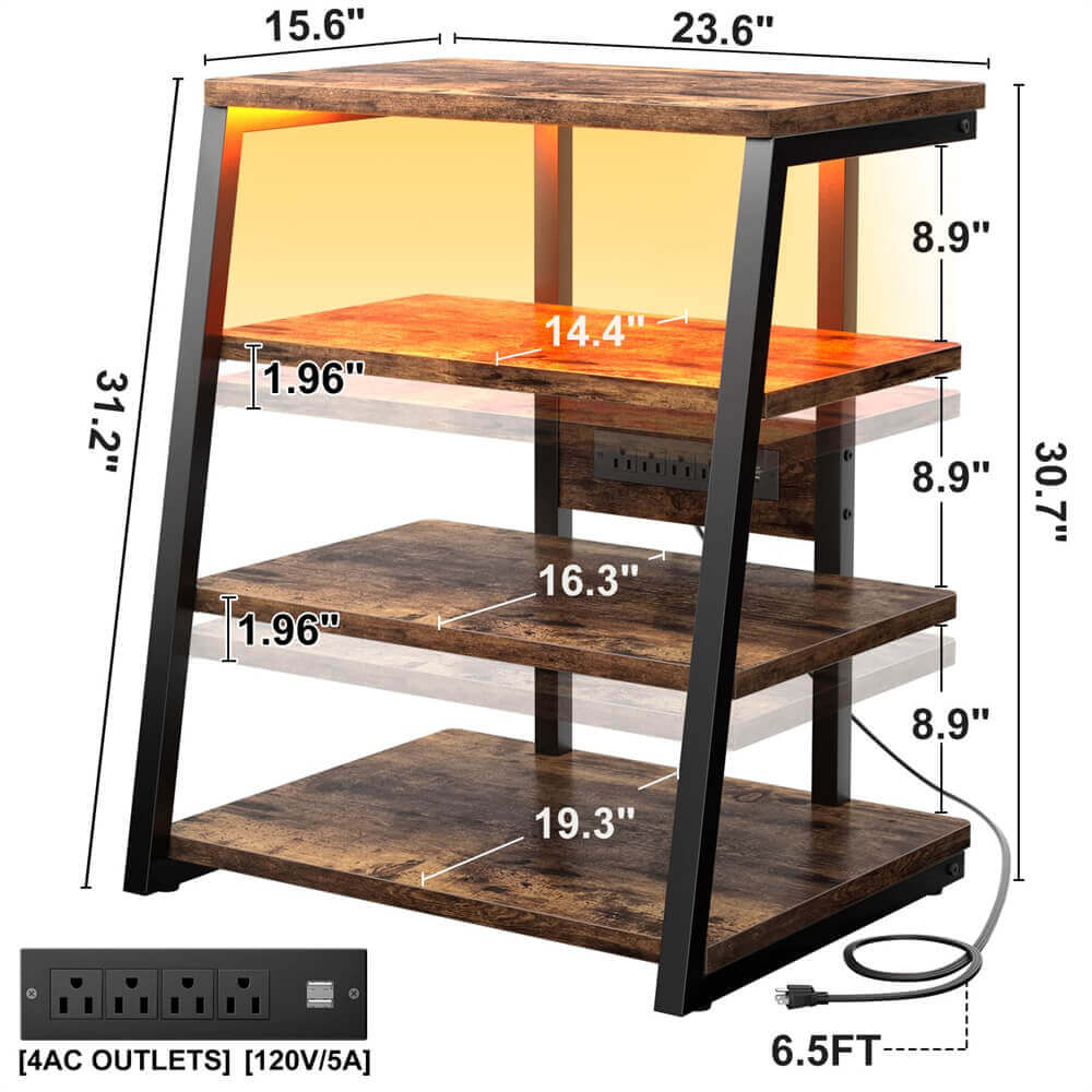 Unikito 4-Tier AV Media Stand with Power Outlets, 30 inch, with LED Lights, Adjustable Shelves