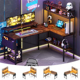 L Shaped Gaming Desk with Power Outlets & LED Lights, Small Computer Gaming Desk with Monitor Stand, Storage, Side Storage Bag, and Headphone Hooks