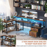 Unikito L Shaped Desk with File Drawer, 66" Reversible L Shaped Computer Desk with Power Outlet & LED Strip, Gaming Desk with Long Monitor Stand, Office Desk Corner Desk with Storage Shelf