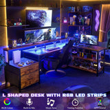 Unikito L Shaped Desk with File Drawer, 72.8" Reversible L Shaped Computer Desk with Power Outlet & LED Strip, Gaming Desk with Monitor Stand, Office Desk Corner Desk with Storage Shelf