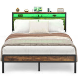 Unikito Full Size Bed Frame with Charging Station and Led Lights, Industrial Metal Platform Bed with Storage Headboard, Steel Slat Support, No Box Spring Needed, Noise-Free