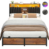 Unikito Full Size Bed Frame with Charging Station & Led Lights, Platform Bed with Leather Upholstered Headboard and Storage, Metal Slats Support, No Box Spring Needed, Noise-Free, Easy Assembly