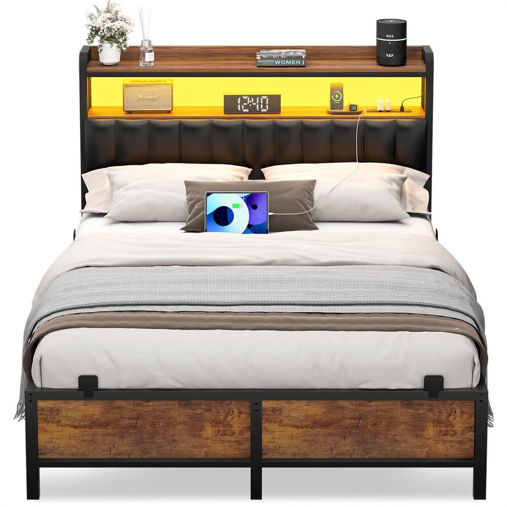 Unikito Full Size Bed Frame with Charging Station, Adjustable Upholstered Faux Leather Headboard, Industrial Platform Bed with LED Lights, Steel Slat Support, No Box Spring Needed