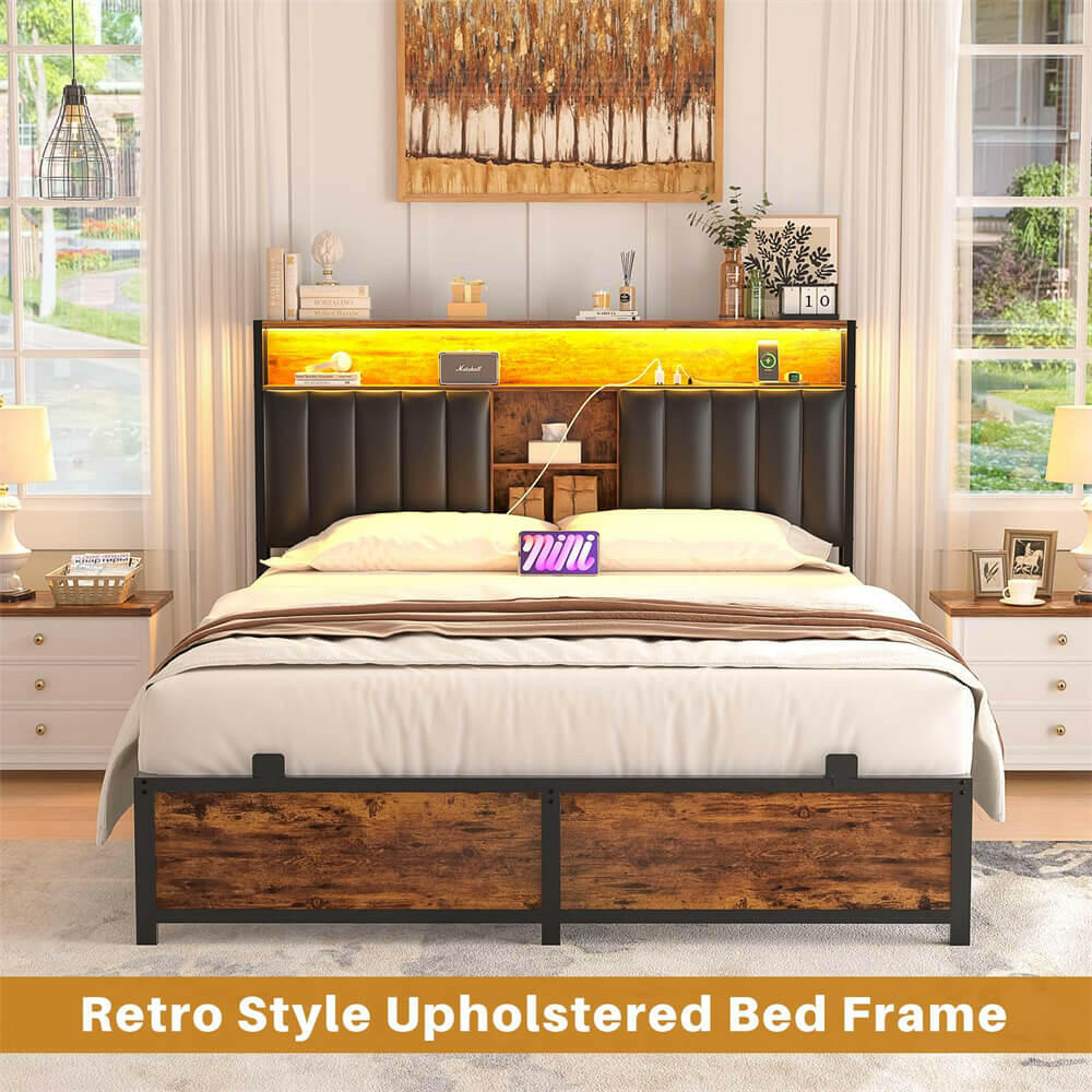 Unikito Full Size Bed Frame with Charging Station & Led Lights, Platform Bed with Leather Upholstered Headboard and Storage, Metal Slats Support, No Box Spring Needed, Noise-Free, Easy Assembly