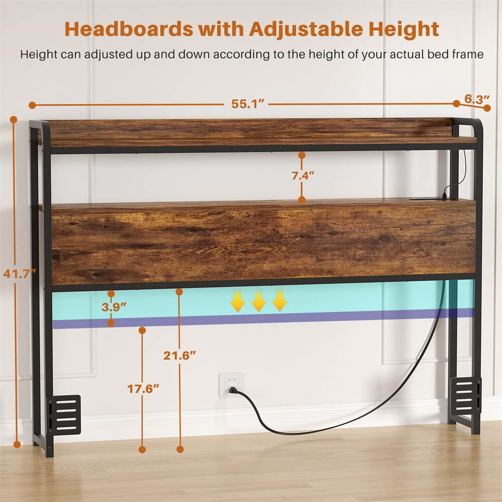 Full Size Headboard for Bed Frame, Headboard with Storage Shelf, LED Lights, and Power Outlets, USB Ports, Height Adjustable