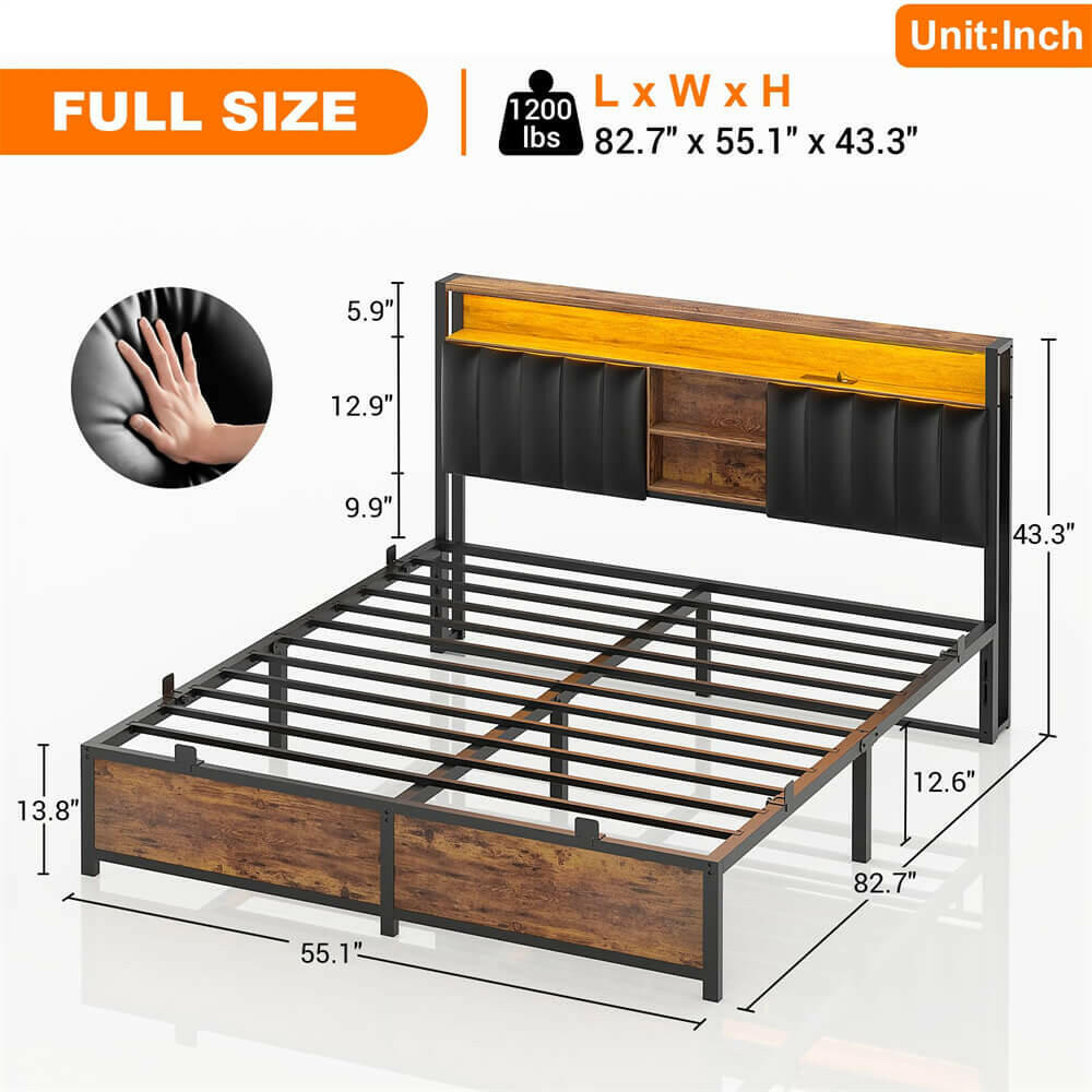 Unikito Full Size Bed Frame with Charging Station & Led Lights, Platform Bed with Leather Upholstered Headboard and Storage, Metal Slats Support, No Box Spring Needed, Noise-Free, Easy Assembly