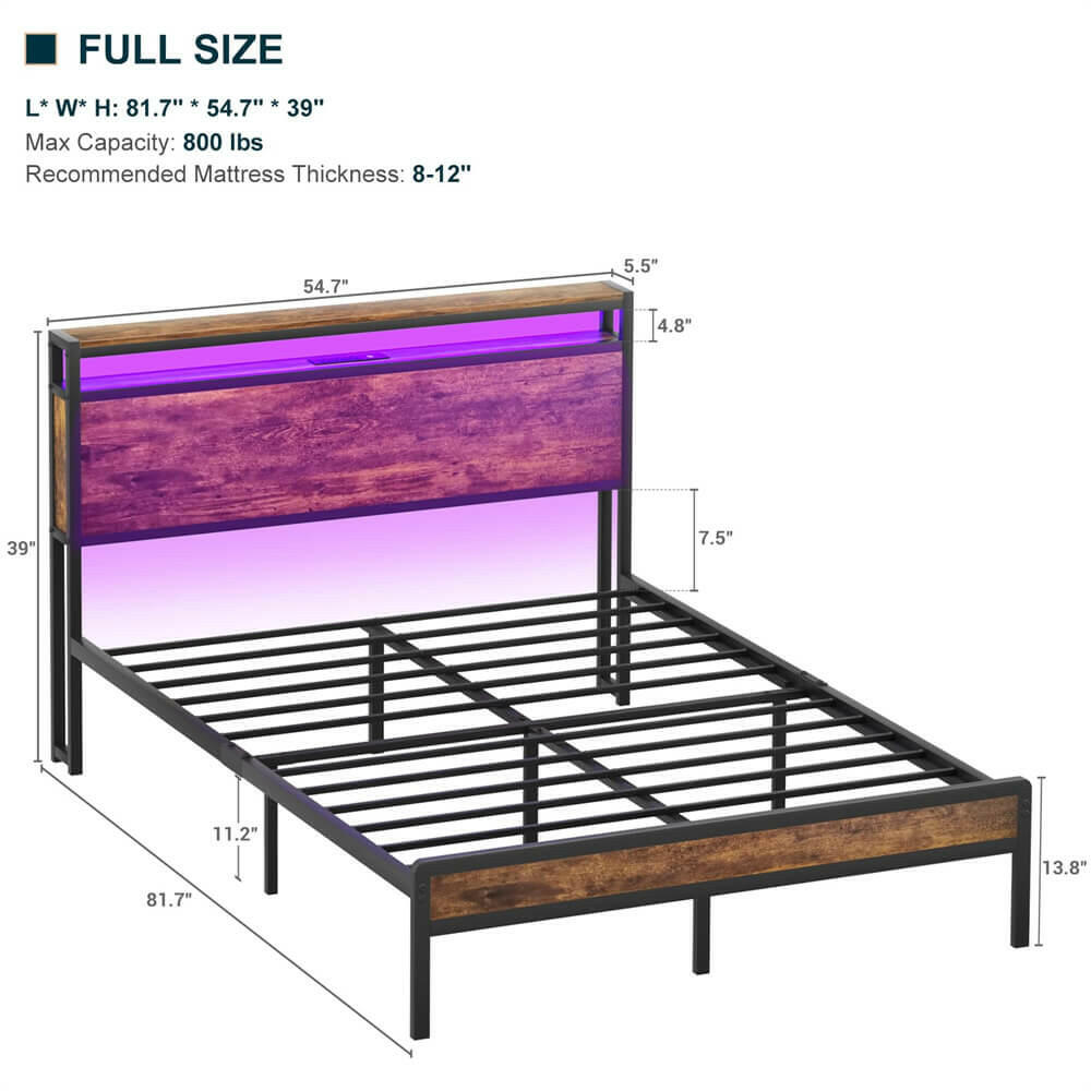 Unikito Full Size Bed Frame with Charging Station and Led Lights, Industrial Metal Platform Bed with Storage Headboard, Steel Slat Support, No Box Spring Needed, Noise-Free