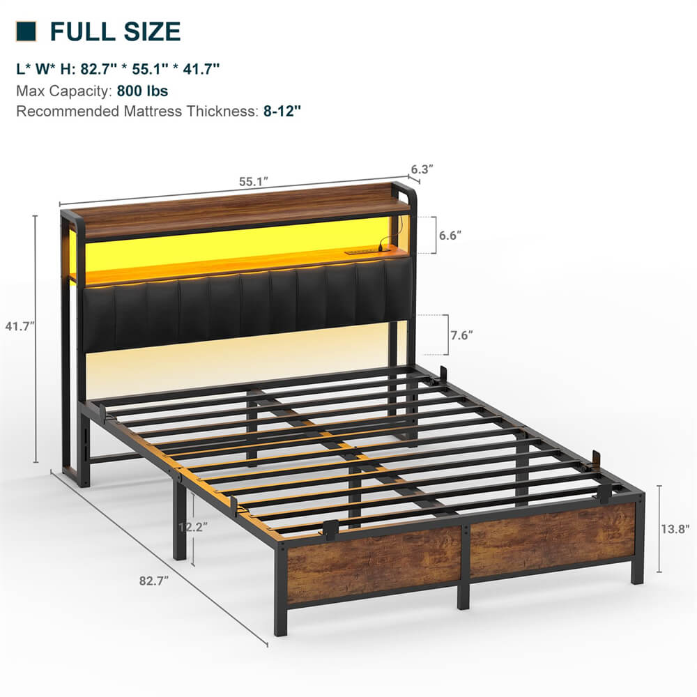 Unikito Full Size Bed Frame with Charging Station, Adjustable Upholstered Faux Leather Headboard, Industrial Platform Bed with LED Lights, Steel Slat Support, No Box Spring Needed