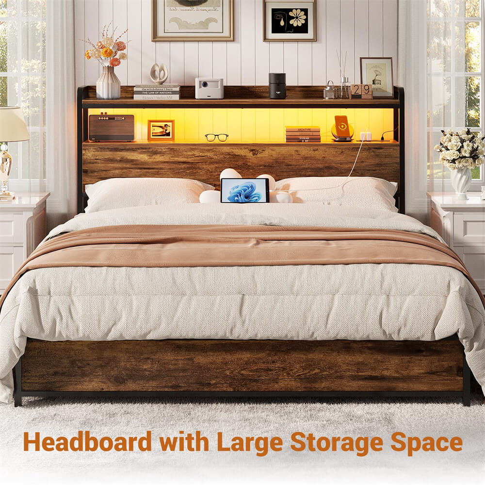 Full Size Headboard for Bed Frame, Headboard with Storage Shelf, LED Lights, and Power Outlets, USB Ports, Height Adjustable