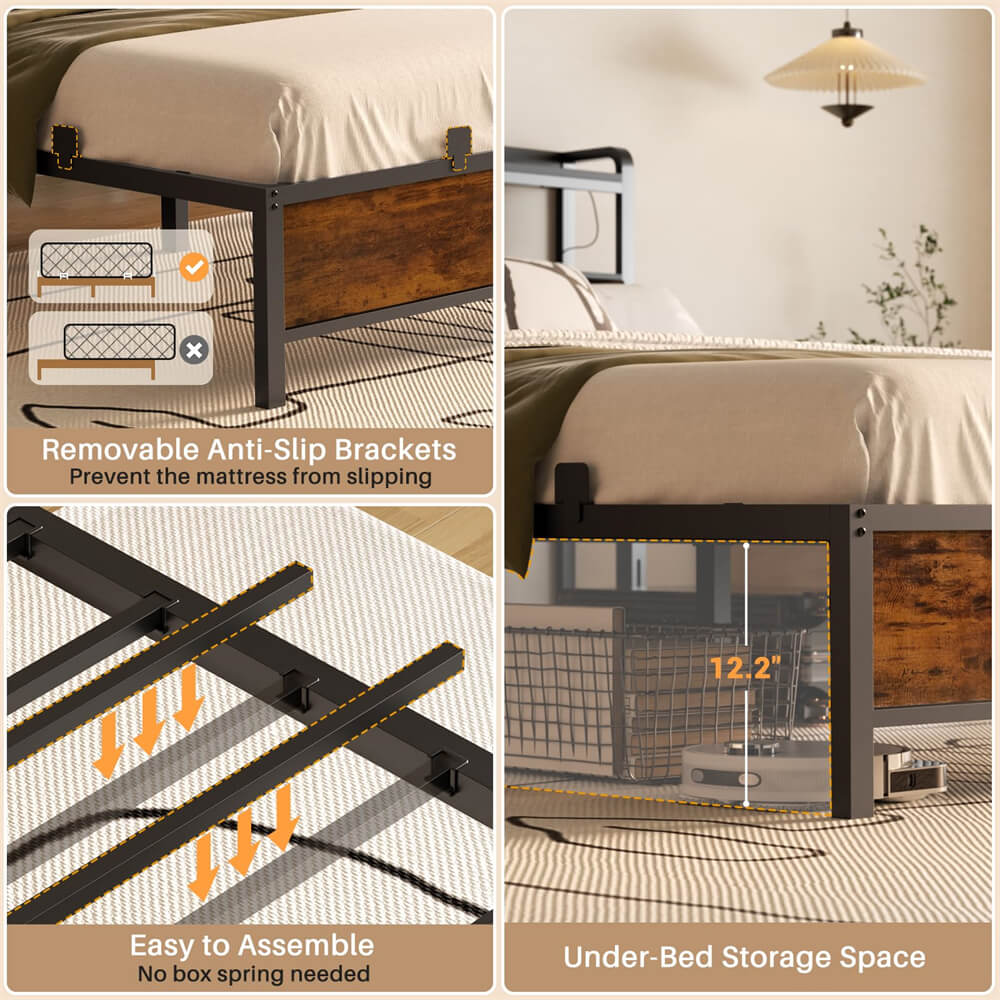 Unikito Full Size Bed Frame with Charging Station, Adjustable Upholstered Faux Leather Headboard, Industrial Platform Bed with LED Lights, Steel Slat Support, No Box Spring Needed