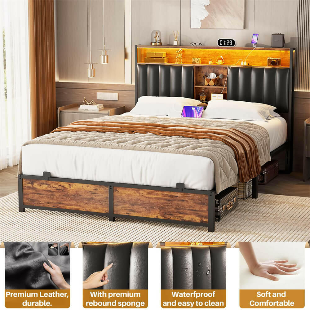 Unikito Full Size Bed Frame with Charging Station & Led Lights, Platform Bed with Leather Upholstered Headboard and Storage, Metal Slats Support, No Box Spring Needed, Noise-Free, Easy Assembly