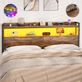 Full Size Headboard for Bed Frame, Headboard with Storage Shelf, LED Lights, and Power Outlets, USB Ports, Height Adjustable