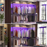 Industrial Pipe Clothing Rack, Reversible Clothes Rack with LED Lights, 15.7"D x 118.3"W x 90.55"H