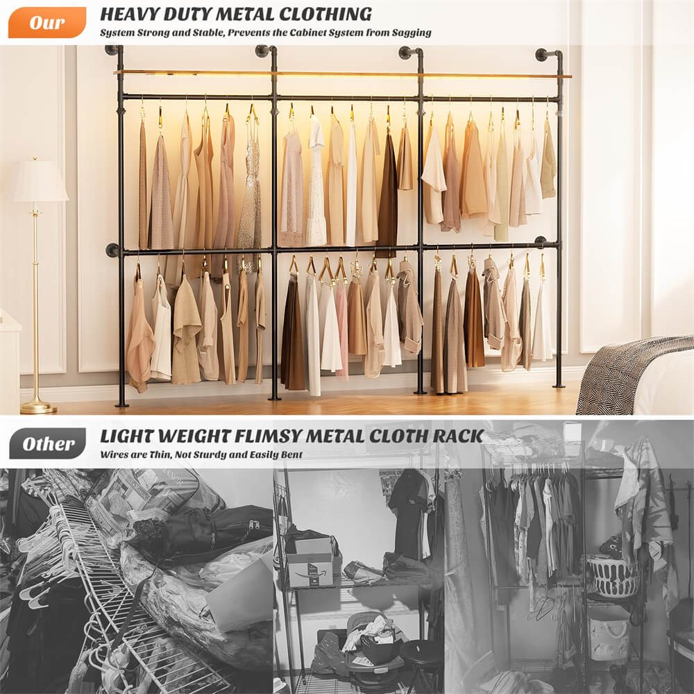 Industrial Pipe Clothing Rack, Reversible Clothes Rack with LED Lights, 15.7"D x 118.3"W x 90.55"H