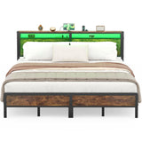 Unikito King Size Bed Frame with Charging Station and Led Lights, Industrial Metal Platform Bed with Storage Headboard, Steel Slat Support, No Box Spring Needed, Noise-Free, Easy Assembly