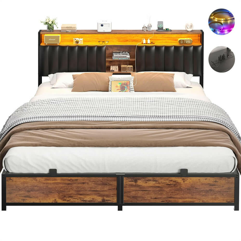 Unikito King Bed Frame with Charging Station & Led Lights, Platform Bed with Leather Upholstered Headboard and Storage, Metal Slats Support, No Box Spring Needed, Noise-Free, Easy Assembly