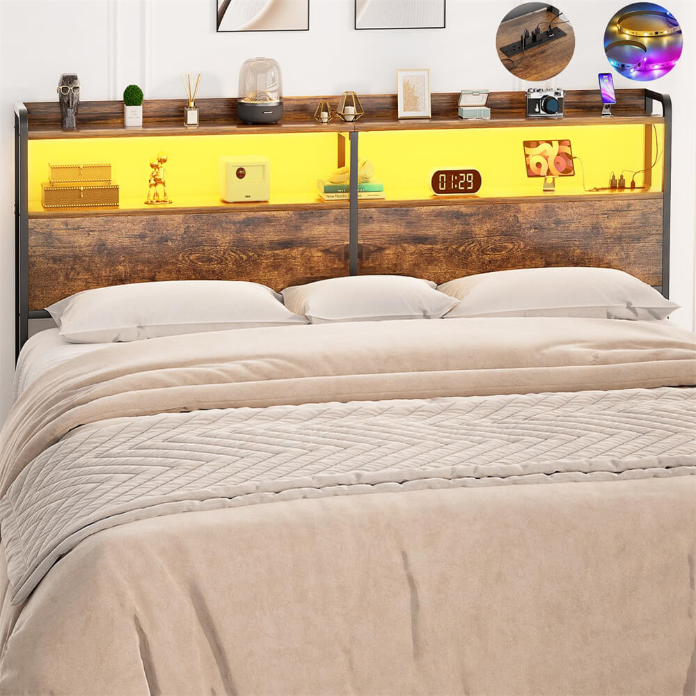 King Size Headboard for Bed Frame, Headboard with Storage Shelf, LED Lights, and Power Outlets, USB Ports, Height Adjustable