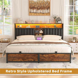 Unikito King Bed Frame with Charging Station & Led Lights, Platform Bed with Leather Upholstered Headboard and Storage, Metal Slats Support, No Box Spring Needed, Noise-Free, Easy Assembly