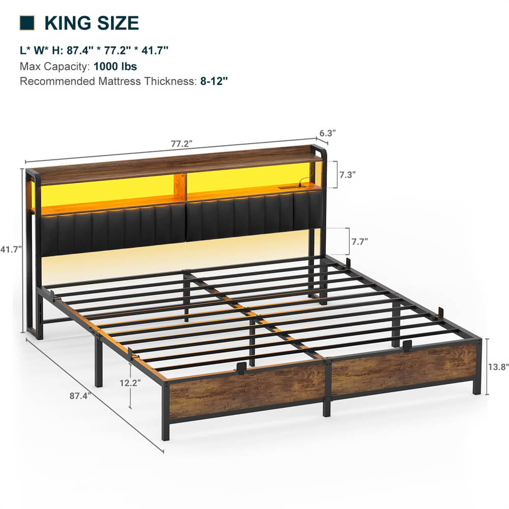 Unikito King Size Bed Frame with Charging Station, Adjustable Upholstered Faux Leather Headboard, Industrial Platform Bed with LED Lights, Steel Slat Support, No Box Spring Needed