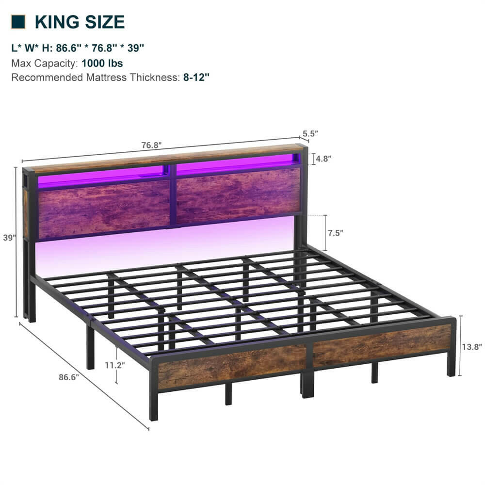 Unikito King Size Bed Frame with Charging Station and Led Lights, Industrial Metal Platform Bed with Storage Headboard, Steel Slat Support, No Box Spring Needed, Noise-Free, Easy Assembly