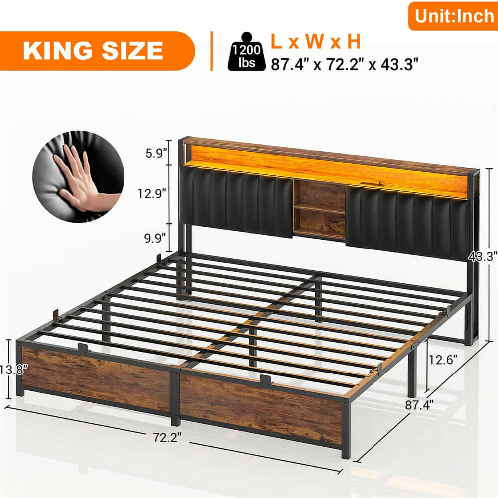 Unikito King Bed Frame with Charging Station & Led Lights, Platform Bed with Leather Upholstered Headboard and Storage, Metal Slats Support, No Box Spring Needed, Noise-Free, Easy Assembly